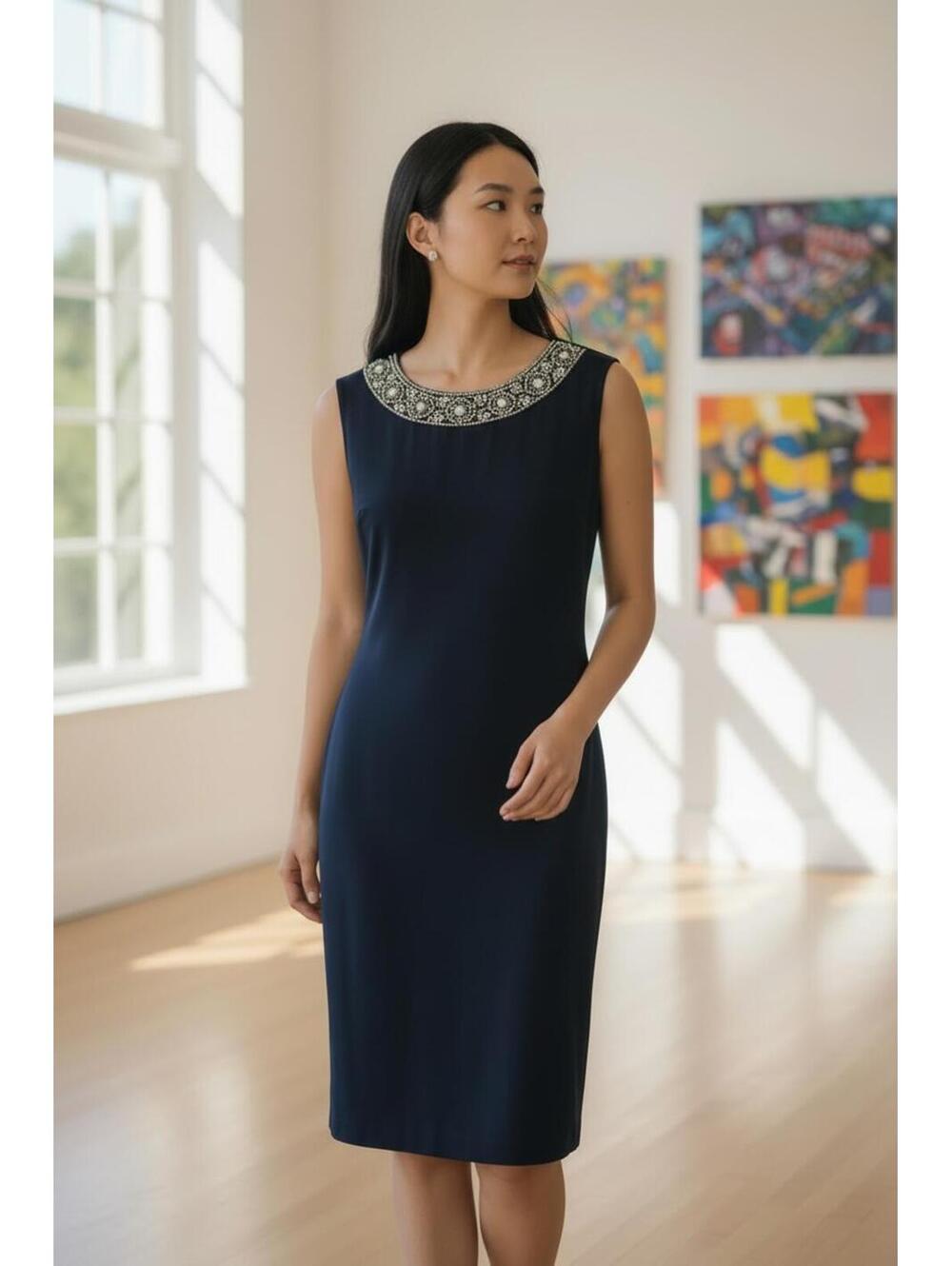 NWT R & M Richard's  Navy‎ Blue Embellished Neck Dress with Sheer Jacket Set P6